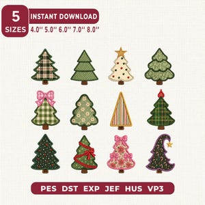 May include: A digital embroidery design set featuring twelve distinct Christmas tree patterns in various colors and styles, including plaid, floral, and striped motifs. The text indicates 5 sizes from 4.0" to 8.0" and file formats PES, DST, EXP, JEF, HUS, VP3.