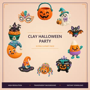 May include: A collection of ten clay-style Halloween illustrations including a jack-o'-lantern bucket, a ghost, a bat, candy corn, a cauldron, a spider, a witch hat, a crescent moon, a cupcake, and a mask, with the text CLAY HALLOWEEN PARTY.