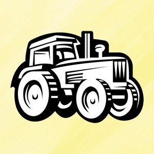 May include: A black and white graphic illustration of a farm tractor. The design features bold, thick lines depicting the vehicle's cabin, large treaded tires, a vertical exhaust pipe, and a front grille, presented as a high-contrast silhouette.