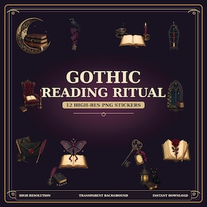 Peut inclure: Un ensemble de 12 autocollants numériques intitulés GOTHIC READING RITUAL, présentant des illustrations de livres, un croissant de lune, un corbeau, un cercueil, un fauteuil rouge, un papillon de nuit, une clé, un chat noir, une lanterne et une rose.