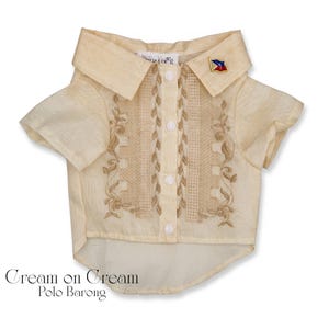 May include: A cream-colored short-sleeved polo barong featuring a pointed collar, a front button placket with four white buttons, and intricate tan floral embroidery along the chest panels. A small pin of the Philippine flag is attached to the collar.