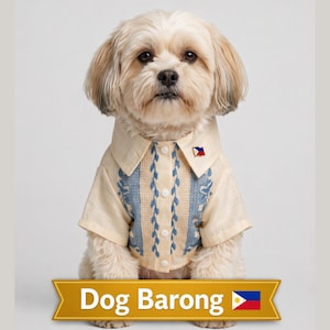 May include: A small, light-colored dog with long, soft fur wearing a cream-colored short-sleeved shirt. The shirt features a central panel with blue embroidered vine patterns, a pointed collar, and white buttons. A small Philippine flag pin is attached.