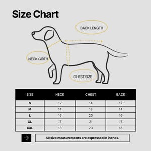 May include: A dog size chart graphic featuring a black outline of a dog with labels for neck girth, chest size, and back length. Below is a table listing sizes S through XXL with corresponding measurements in inches for neck, chest, and back.