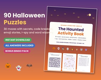 Halloween Activity Book Printable, 103 Pages Kids Puzzle Bundle, 3D Mazes Word Search Sudoku I Spy, Instant Download PDF, Ages 5-10