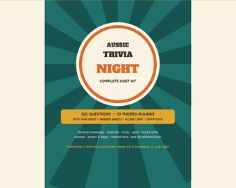 Trivia Night Kit Australia, 100 Questions Pub Quiz, Printable Fundraiser Quiz Night Pack, Host Run Sheet, Big Screen Bonus