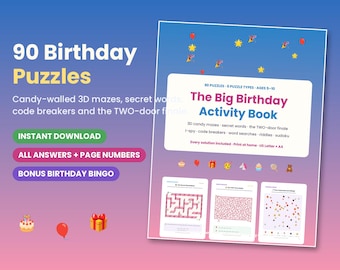 Birthday Activity Book Printable, 103 Pages Kids Puzzle Bundle, 3D Mazes Word Search Sudoku I Spy, Party Games Instant Download, Ages 5-10