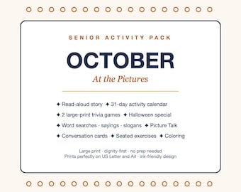 Paquete de actividades para adultos mayores de octubre, juegos de letras grandes, trivia, sopa de letras, juegos de reminiscencia, imprimible para el director de actividades + aplicación de preguntas y respuestas para TV en pantalla grande (PDF).