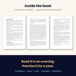 May include: A book display showing three open pages with black text on white paper. The top header reads Inside the book, One idea per chapter &ndash; argued, illustrated, practised. The bottom dark blue section reads Read it in an evening. Practise it for a year. Confidence &bull; Focus &bull; Calm &bull; Discipline &bull; Motivation.