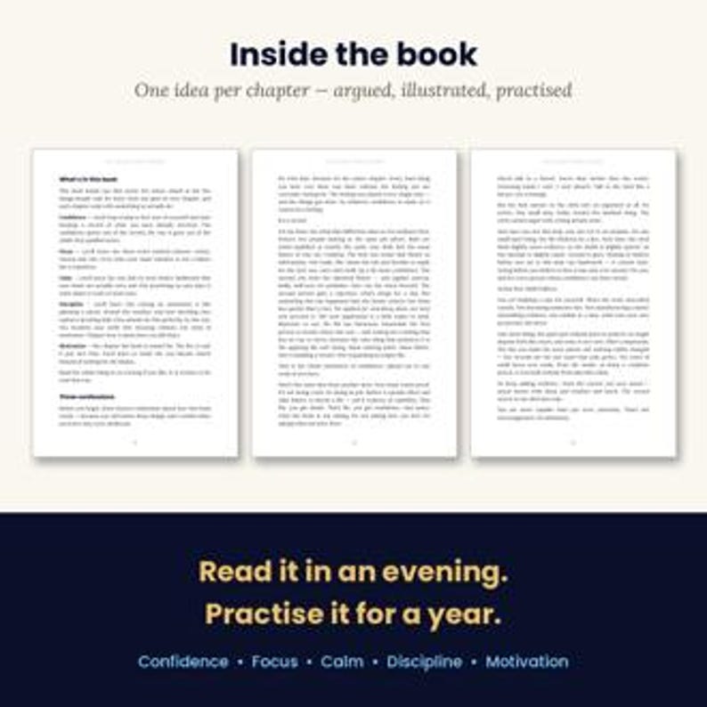 May include: A book display showing three open pages with black text on white paper. The top header reads Inside the book, One idea per chapter &ndash; argued, illustrated, practised. The bottom dark blue section reads Read it in an evening. Practise it for a year. Confidence &bull; Focus &bull; Calm &bull; Discipline &bull; Motivation.
