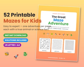 52 Printable Mazes for Kids, Easy to Hard Maze Book PDF, Animal Fun Fact Activity Pages, Quiet Time Busy Book ,Instant Download A4 Letter