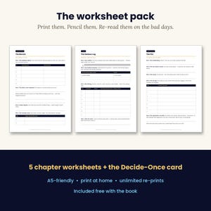 May include: A set of three white worksheets titled The Record, The Harbour Log, and The Fire with black text and tables. The image includes the text The worksheet pack, Print them. Pencil them. Re-read them on the bad days, and 5 chapter worksheets + the Decide-Once card, A5-friendly, print at home, unlimited re-prints, Included free with the book.