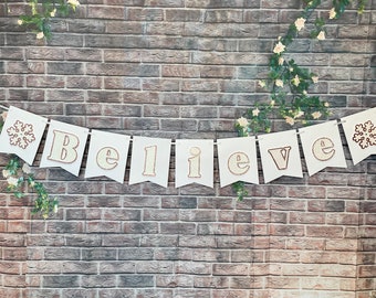 BELIEVE" Banner-Believe Garland-Believe sign-Christmas decor-Holiday decor-Christmas sign-Holiday photo prop-White  Copper-White Christmas