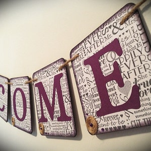 WELCOME Sign / Banner Wedding decor Home decor Graduation Anniversary Black with purple Rustic image 3