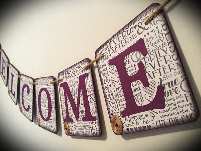 WELCOME Sign / Banner Wedding decor Home decor Graduation Anniversary Black with purple Rustic image 3