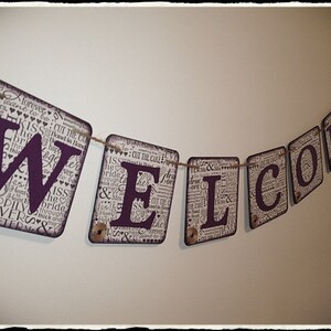 WELCOME Sign / Banner Wedding decor Home decor Graduation Anniversary Black with purple Rustic image 2