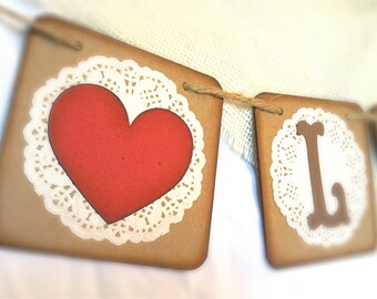 LOVE" Sign/Banner - 4" x 4" -  Kraft and Doily - Rustic banner bunting -  Vintage, Shabby Chic style