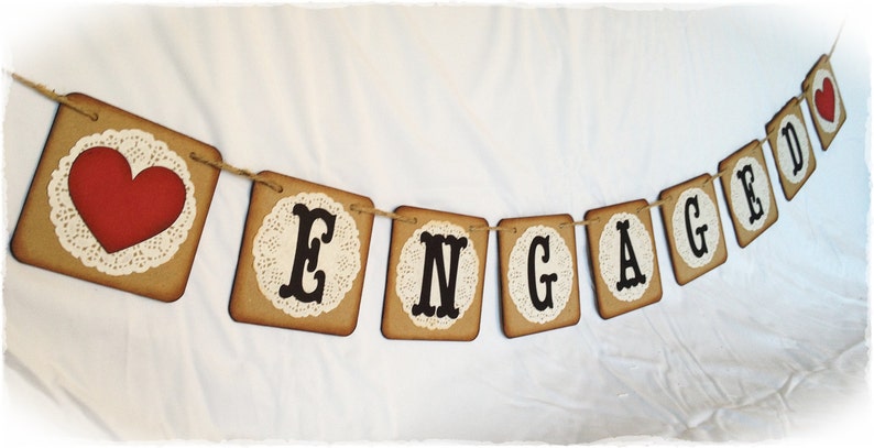 ENGAGED Sign / Banner 4 x 4 inches Kraft /Brown color Wedding banner Engaged Banner Doily paper garland Chipboard image 3