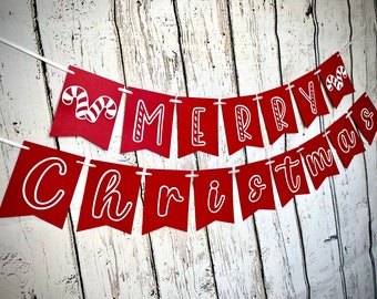 MERRY CHRISTMAS" Banner- Merry Christmas sign-Christmas Sugar cone-Holiday decoration-Merry Christmas garland-Red and White banner-Christmas