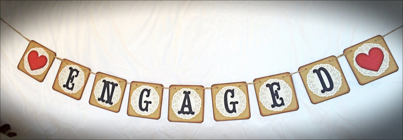 ENGAGED Sign / Banner 4 x 4 inches Kraft /Brown color Wedding banner Engaged Banner Doily paper garland Chipboard image 2
