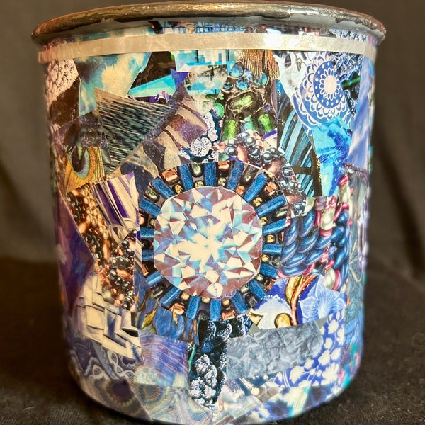 2.5"Tx5"D Blue Colored w. Diamond Bling Mod Podge Paper Collage Decorative Round Glass Planter Candle Holder Canister Home Decor Handmade