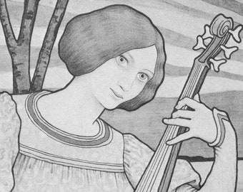 1899 La Viole de Gambe & 1900 L'Ermitage Paul Berthon Art Nouveau Goddess Vintage Black and White Viola Violin Musician Violinist Gift Decor