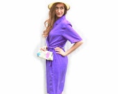 1980s SAKS FIFTH AVENUE Purple Wrap Dress Vintage Designer 100 Silk Violet Lilac Amethyst Jewel Tone Short Sleeve Collar Midi Shift Size 6