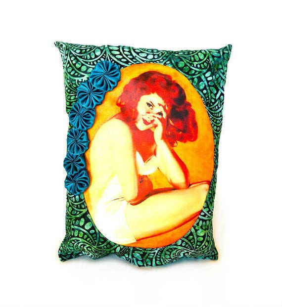 Pin Up Girl PRINT Blonde Black Stockings Merry Widow Playing With Kitten