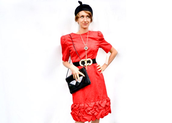 1980s Rose Ruched Ruffle Dress Vintage Designer Di