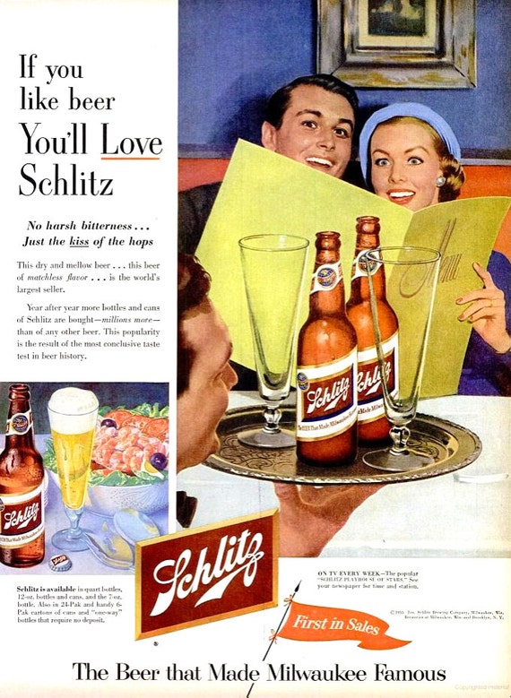 Vintage Print Ad 1946 Schlitz Beer Mellowed Goodness~Just The Kiss Of The Hops