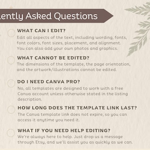 May include: A Frequently Asked Questions graphic with a dark brown header and beige background featuring botanical leaf illustrations. The text outlines editing capabilities, Canva Pro requirements, link expiration, and support options for templates.