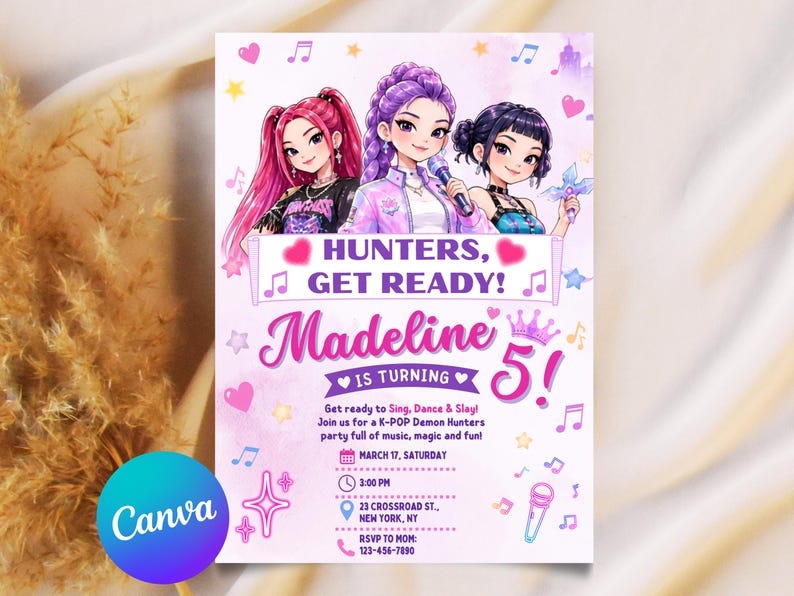 May include: A rectangular party invitation featuring three illustrated characters with pink, purple, and black hair. The text reads HUNTERS, GET READY! Madeline IS TURNING 5! with event details including March 17, 3:00 PM, 23 Crossroad St., New York, NY.