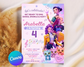 May include: A birthday invitation card featuring three animated characters and three small creatures. The text reads: Let's celebrate! GET READY TO SING, DANCE, SPARKLE & HUNT! Arabella is turning 4. Saturday June 17, 2027, 2:00 PM - 5:00 PM, Starlight Party Room, 23 Crossroad St. New York, NY. RSVP Mommy Jen 555-123-4567. JOIN THE HUNT!