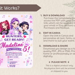 May include: A digital party invitation template featuring three illustrated characters in a K-pop style. The text reads: HUNTERS, GET READY! Madeline IS TURNING 5! Get ready to Sing, Dance & Slay! Join us for a K-POP Demon Hunters party full of music, magic and fun!