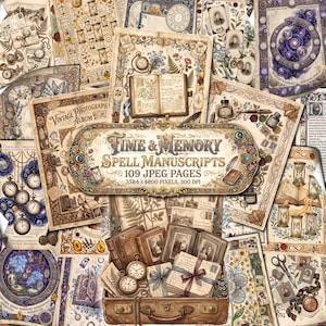 May include: A digital collection of 109 vintage-style pages titled Time & Memory Spell Manuscripts, featuring illustrations of open books, hourglasses, pocket watches, inkwells, old photographs, and botanical elements in a warm, sepia-toned aesthetic.