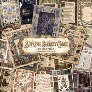 May include: A collection of 102 digital pages titled Supreme Secrecy Codex, featuring intricate illustrations, Latin text, and decorative borders. The pages display fantasy themes, musical notation, and occult imagery in a vintage parchment style.