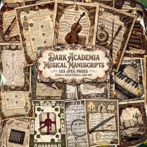 May include: A digital collection of 133 JPEG pages titled Dark Academia Musical Manuscripts, featuring vintage-style illustrations of violins, pianos, sheet music, pocket watches, and wax-sealed letters in a sepia-toned, ornate aesthetic.
