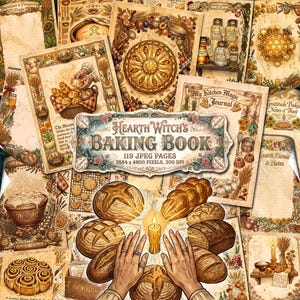 Pode incluir: Uma coleção digital de 119 páginas intitulada Hearth Witch's Baking Book, com ilustrações de estilo vintage de pão, favos de mel, utensílios de cozinha e ingredientes em fundos de pergaminho com tons quentes de sépia.