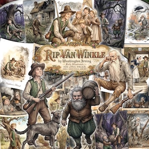 May include: A digital collage of Rip Van Winkle illustrations featuring characters in 18th-century attire, including a man with a long white beard, a person with a rifle and dog, and a bearded figure carrying a barrel, with the text Rip Van Winkle.