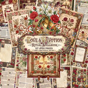 Può includere: Una collezione digitale di 117 pagine JPEG intitolata Love & Devotion Ritual Spellbook, con illustrazioni ornate di anelli d'oro, rose rosse, gigli bianchi, colombe e libri aperti con il testo Amor Aeternis, 3584 x 4800 pixel.