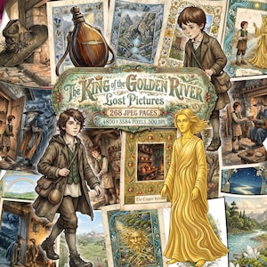 Op de afbeelding: Een digitale collectie getiteld The King of the Golden River Lost Pictures met 268 JPEG-pagina's in 4800 x 3584 pixels en 300 DPI. De collage toont diverse illustraties, waaronder een jong persoon in een jas, een gouden figuur en verschillende landschappen.