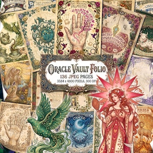 Könnte beinhalten: Eine digitale Sammlung mit dem Titel Oracle Vault Folio, die 136 JPEG-Seiten mit 3584 x 4800 Pixeln und 300 DPI enthält. Die Collage zeigt verschiedene mystische Illustrationen, darunter Handlesekarten, Sternzeichen und verzierte Figuren.