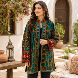 Könnte beinhalten: Eine dunkelgrüne Samtjacke mit aufwendigen, mehrfarbigen Stickereien in geometrischen und floralen Mustern. Das vorne offene Kleidungsstück hat lange Ärmel, einen Stehkragen und einen geraden Saum und wird über einem schlichten schwarzen Oberteil getragen.