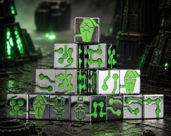 Necron-inspiriertes Metallwürfelset, leuchtende W6-Würfel, Sci-Fi-Wargame-Würfel, Würfel für Rollenspiele im Stil antiker Maschinen, Sammlerwürfel für Tabletop-Spieler