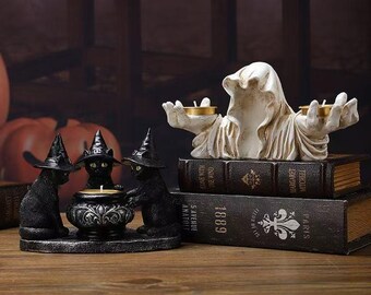Portavelas dimensional para altar, portavelas de té con forma de caldero de gato brujo, decoración para santuario de guardián fantasma, artefacto de energía ritual, arte gótico para habitación.