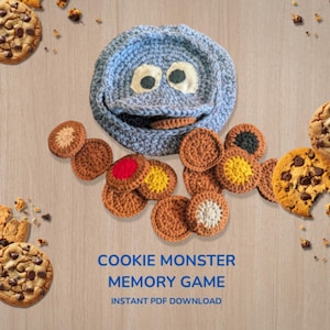 May include: A blue crocheted monster container with large white and black eyes, surrounded by various crocheted cookie-shaped discs in brown, yellow, red, and white. The text reads COOKIE MONSTER MEMORY GAME INSTANT PDF DOWNLOAD.