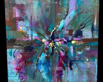 Original 24x24 Abstract Mixed-Media Painting with Gold Leaf – "Celestial Fracture"
