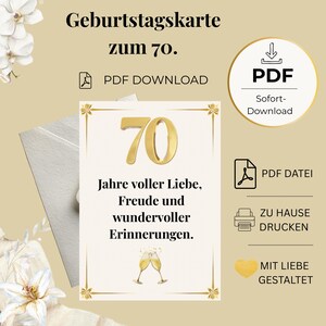 Puede incluir: Una tarjeta de cumpleaños digital para un 70 aniversario con el texto '70 Jahre voller Liebe, Freude und wundervoller Erinnerungen.' El diseño incluye un gran número 70 dorado, dos copas de champán y detalles florales blancos.