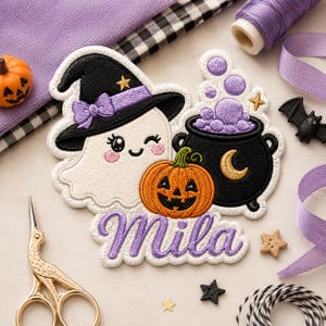 Custom Name Halloween Patch, Cute Ghost Witch Cauldron Iron On Applique, Pastel Goth Personalized Embroidered Badge for Backpacks Bags