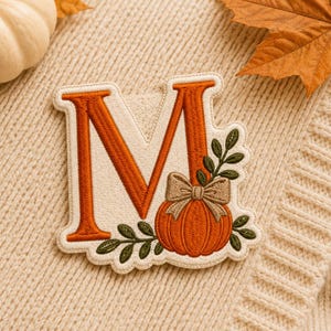 Custom Text Embroidered Patch, Pumpkin Monogram Initial Iron On Patch, Fall Letter M Embroidery Patch for Jackets