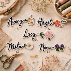 Custom Name Patch with Birth Flower, Personalized Embroidered Iron On Patch for Jackets, Aesthetic Floral Script Sew On Patch Gift
